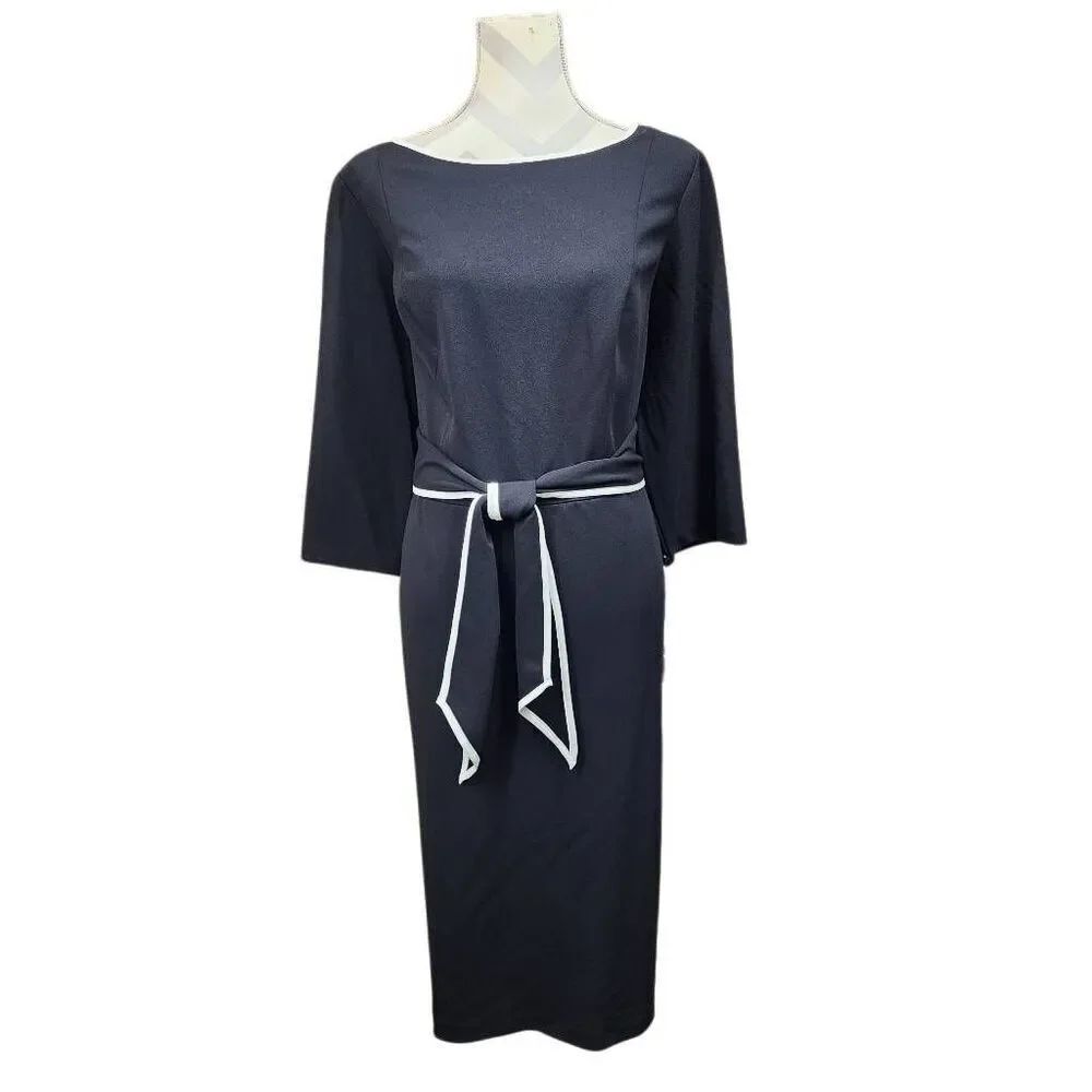 Adrianna Papell Tipped Crepe Tie Dress 16W Black Ivory Sheath Midi NWT - Picture 3 of 10
